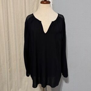Old Navy Black Lace Embroidered Shoulder‎ V Neck Long Sleeve Blouse Top Women XL